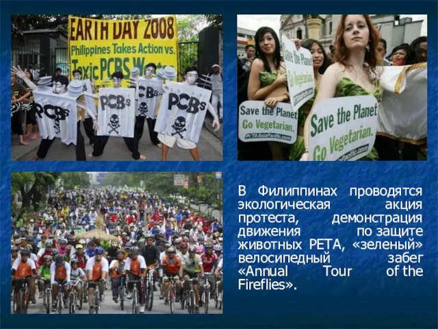 В Филиппинах проводятся экологическая акция протеста, демонстрация движения по защите животных PETA,
