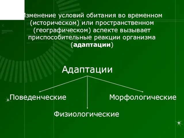 Изменение условий обитания во временном (историческом) или пространственном (географическом) аспекте вызывает приспособительные