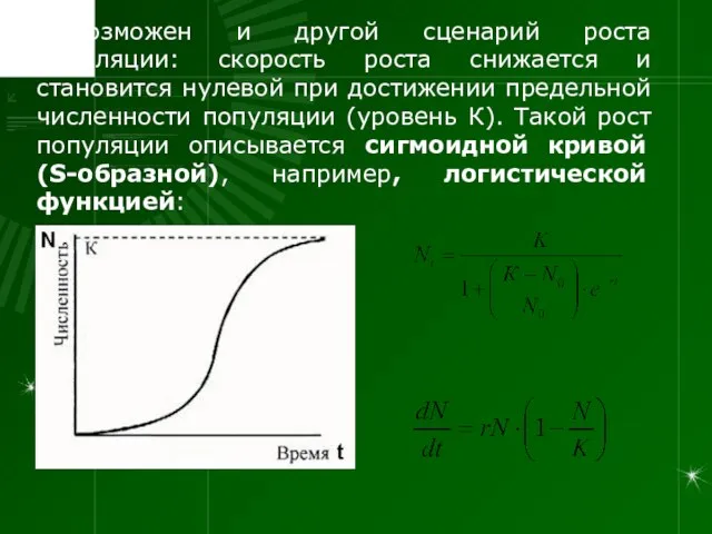 Возможен и другой сценарий роста популяции: скорость роста снижается и становится нулевой