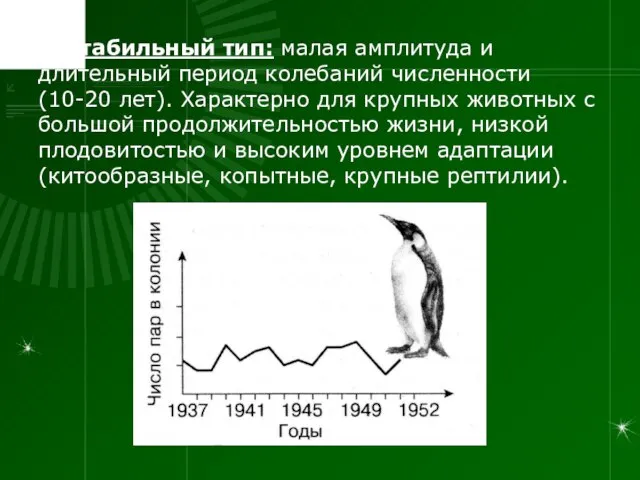 I. Стабильный тип: малая амплитуда и длительный период колебаний численности (10-20 лет).