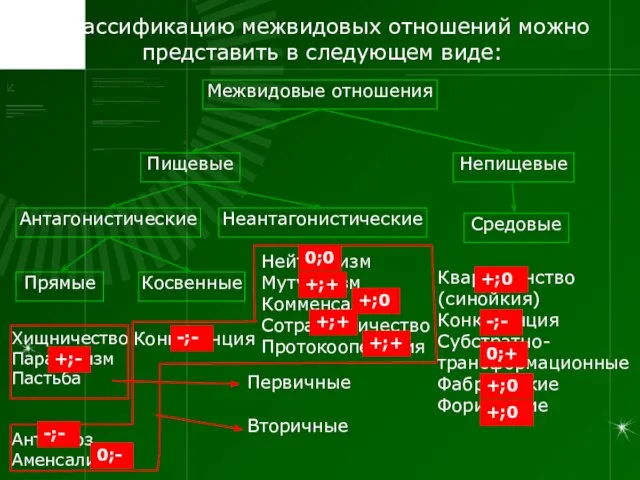 Классификацию межвидовых отношений можно представить в следующем виде: Межвидовые отношения Пищевые Непищевые