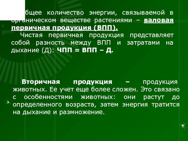 Общее количество энергии, связываемой в органическом веществе растениями – валовая первичная продукция