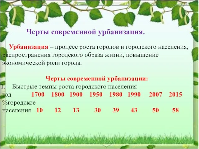 Черты современной урбанизация. Урбанизация – процесс роста городов и городского населения, распространения