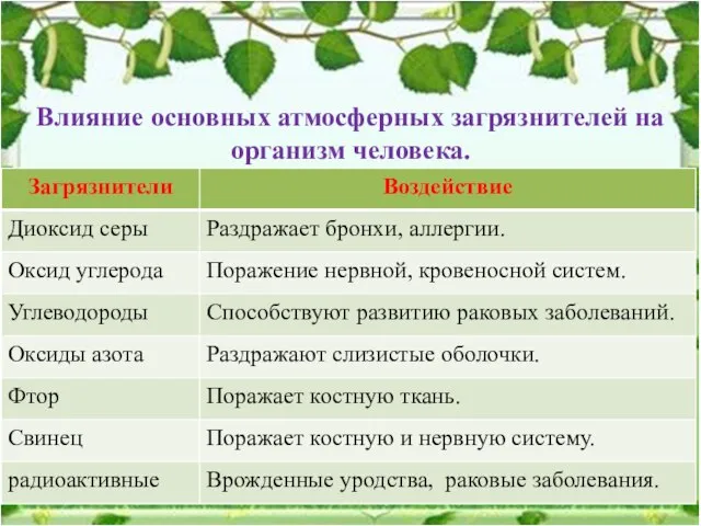 Влияние основных атмосферных загрязнителей на организм человека.