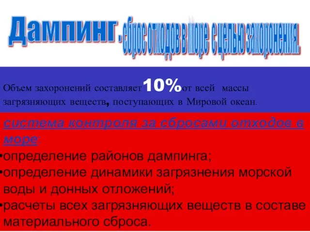 Дампинг Объем захоронений составляет10%от всей массы загрязняющих веществ, поступающих в Мировой океан.