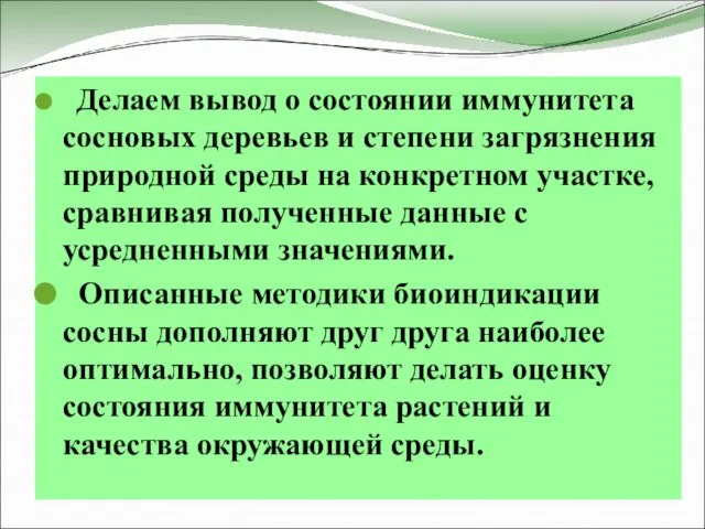 Делаем вывод о состоянии иммунитета сосновых деревьев и степени загрязнения природной среды