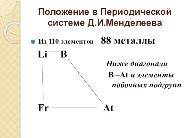 Положение в Периодической системе Д.И.Менделеева Из 110 элементов – 88 металлы Li