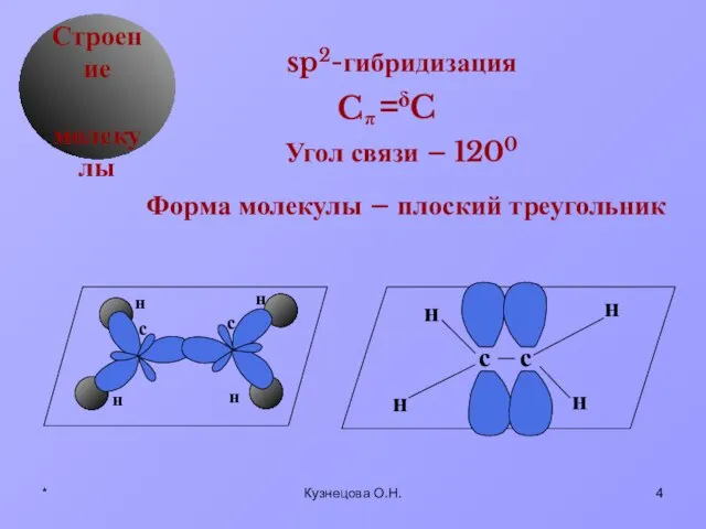 * Кузнецова О.Н. δ Строение молекулы sp2-гибридизация Угол связи – 1200 Форма