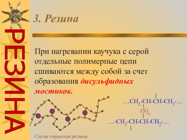 3. Резина При нагревании каучука с серой отдельные полимерные цепи сшиваются между