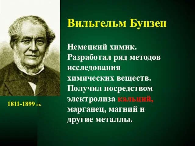 Вильгельм Бунзен Немецкий химик. Разработал ряд методов исследования химических веществ. Получил посредством