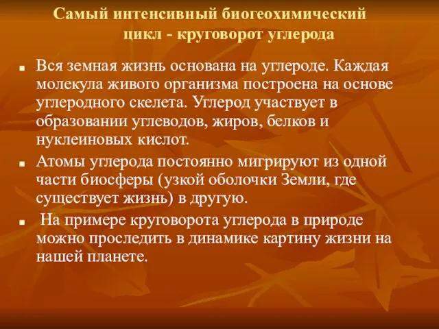 Самый интенсивный биогеохимический цикл - круговорот углерода Вся земная жизнь основана на