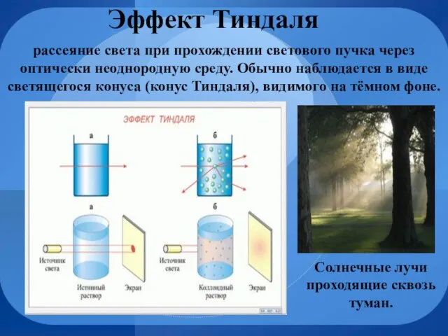 рассеяние света при прохождении светового пучка через оптически неоднородную среду. Обычно наблюдается