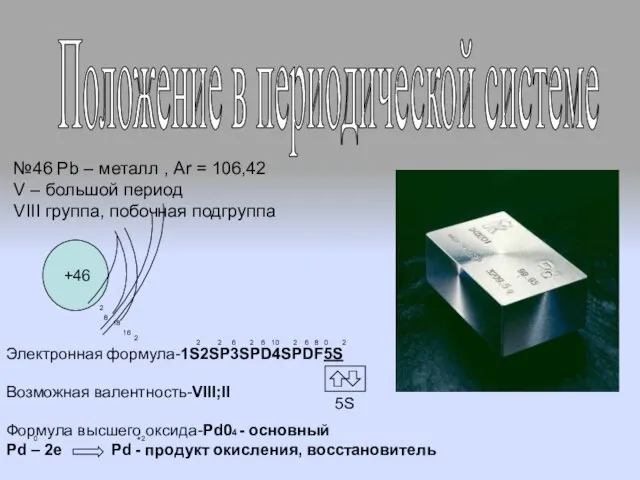 +46 Положение в периодической системе №46 Pb – металл , Ar =