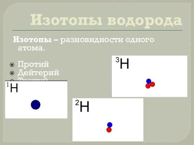 Изотопы водорода Изотопы – разновидности одного атома. Протий Дейтерий Тритий