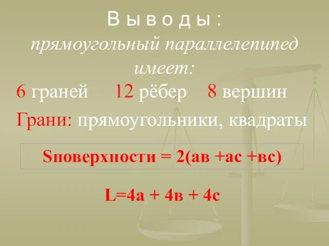 В ы в о д ы : прямоугольный параллелепипед имеет: 6 граней