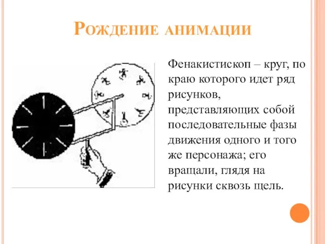 Рождение анимации Фенакистископ – круг, по краю которого идет ряд рисунков, представляющих