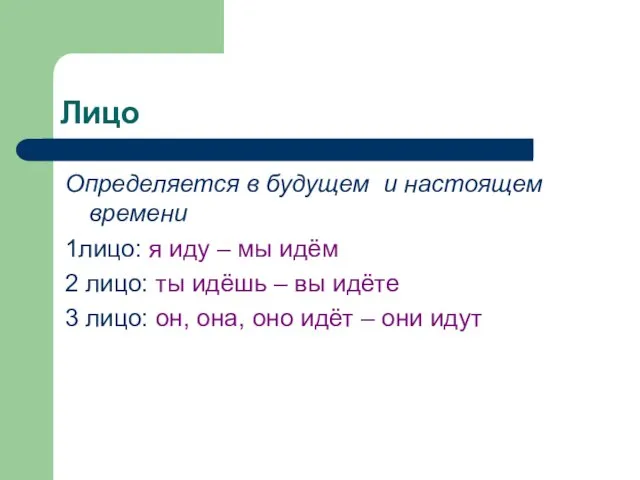 Лицо Определяется в будущем и настоящем времени 1лицо: я иду – мы