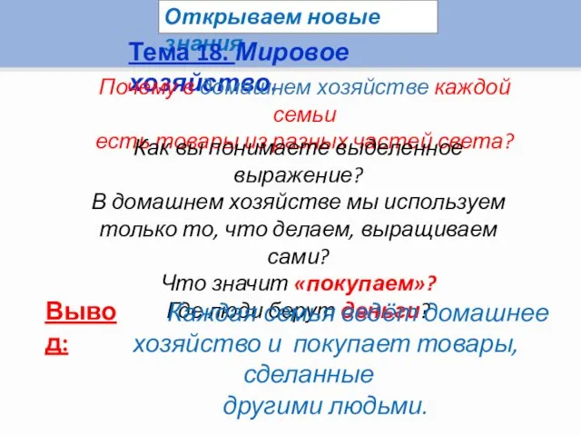 Открываем новые знания Тема 18. Мировое хозяйство. Почему в домашнем хозяйстве каждой