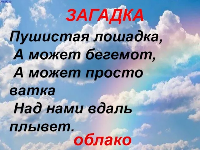 ЗАГАДКА Пушистая лошадка, А может бегемот, А может просто ватка Над нами вдаль плывет. облако