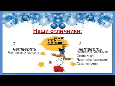 Наши отличники: 1 четверть Черникова Анастасия Черникова Анастасия Овтин Марк Леконцева Анастасия Хасанов Амин 2 четверть