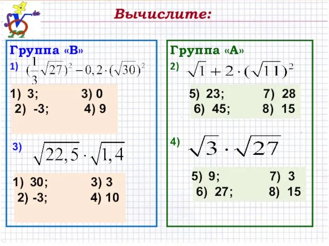 Вычислите: Группа «В» 1) Группа «А» 2) 3; 3) 0 2) -3;