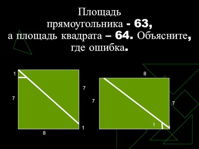 Площадь прямоугольника - 63, а площадь квадрата – 64. Объясните, где ошибка.