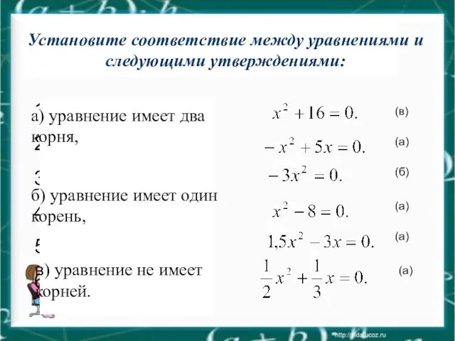 Запишите квадратные уравнения с указанными коэффициентами: Установите соответствие между уравнениями и следующими