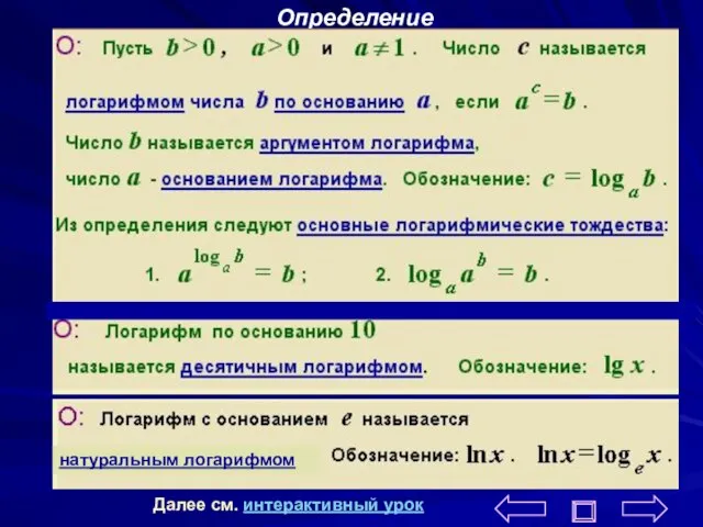 Определение натуральным логарифмом Далее см. интерактивный урок