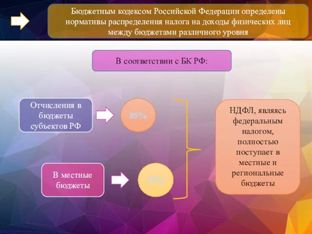 Бюджетным кодексом Российской Федерации определены нормативы распределения налога на доходы физических лиц