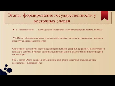 Этапы формирования государственности у восточных славян -VI в.-- набеги соседей необходимость объединения