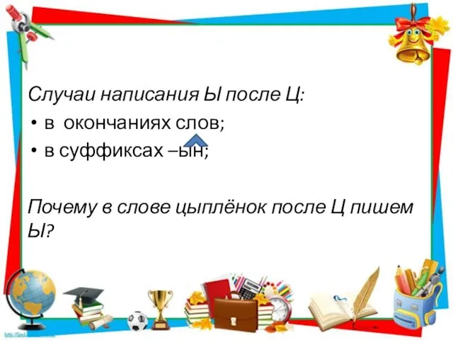 Случаи написания Ы после Ц: в окончаниях слов; в суффиксах –ын; Почему