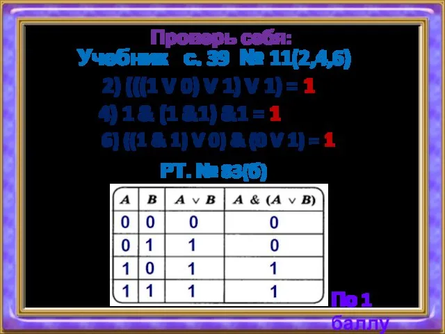 Проверь себя: Учебник с. 39 № 11(2,4,6) 2) (((1 V 0) V