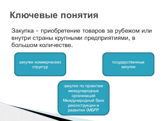 Закупка – приобретение товаров за рубежом или внутри страны крупными предприятиями, в