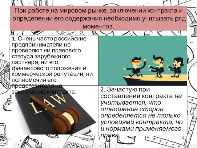 При работе на мировом рынке, заключении контракта и определении его содержания необходимо