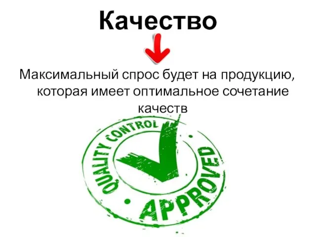 Качество Максимальный спрос будет на продукцию, которая имеет оптимальное сочетание качеств