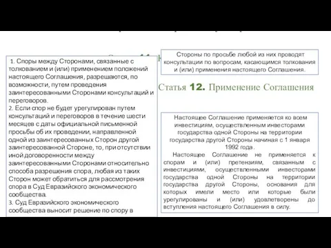 Статья 10. Разрешение споров между Сторонами Статья 11. Консультации 1. Споры между