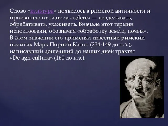 Слово «культура» появилось в римской античности и произошло от глагола «colere» —