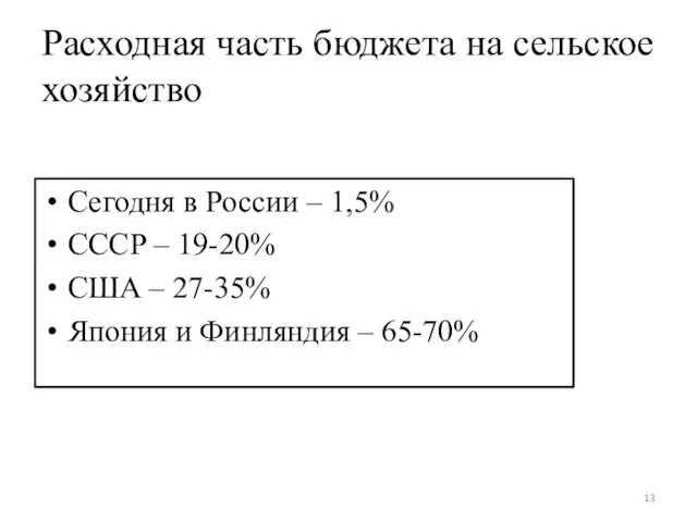 Расходная часть бюджета на сельское хозяйство Сегодня в России – 1,5% СССР