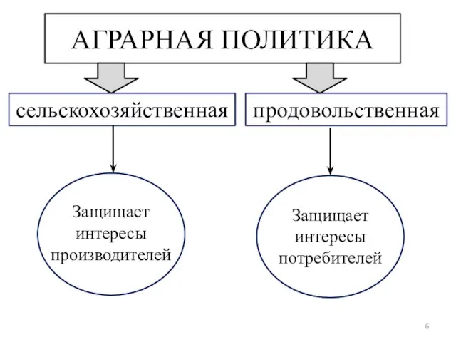 АГРАРНАЯ ПОЛИТИКА сельскохозяйственная продовольственная Защищает интересы производителей Защищает интересы потребителей