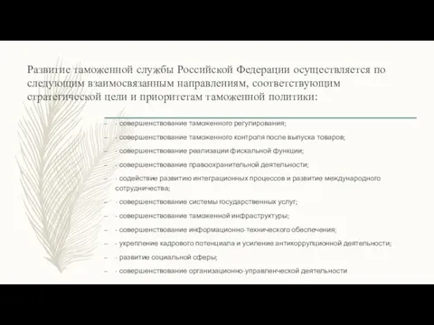 Развитие таможенной службы Российской Федерации осуществляется по следующим взаимосвязанным направлениям, соответствующим стратегической
