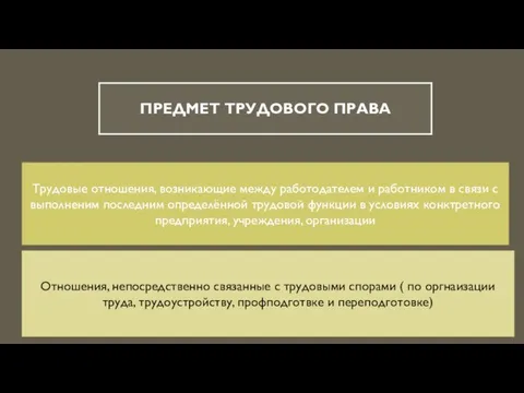 Предмет трудового права Трудовые отношения, возникающие между работодателем и работником в связи