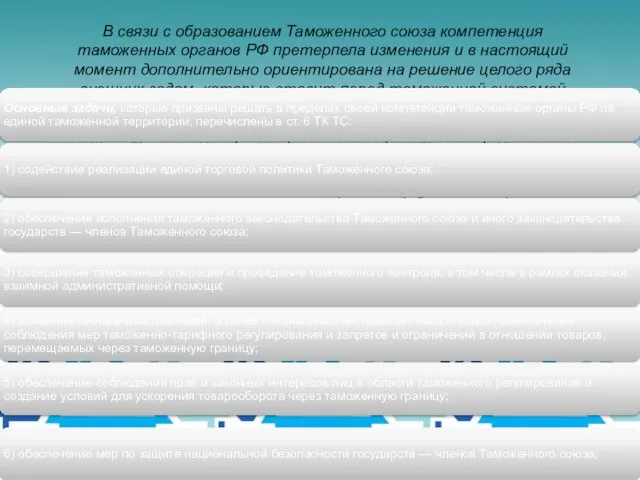 В связи с образованием Таможенного союза компетенция таможенных органов РФ претерпела изменения