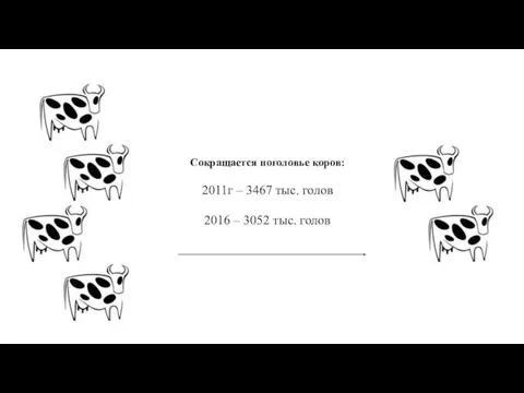 Сокращается поголовье коров: 2011г – 3467 тыс. голов 2016 – 3052 тыс. голов