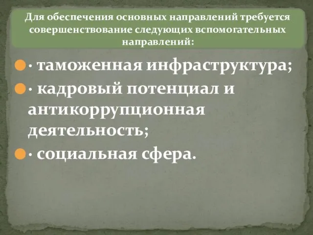 · таможенная инфраструктура; · кадровый потенциал и антикоррупционная деятельность; · социальная сфера.