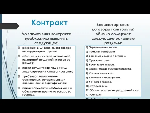 Контракт До заключения контракта необходимо выяснить следующее: разрешены ли ввоз, вывоз товара