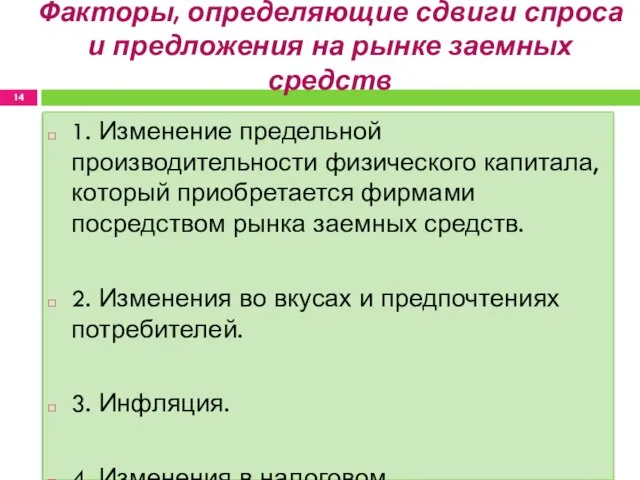 Факторы, определяющие сдвиги спроса и предложения на рынке заемных средств 1. Изменение