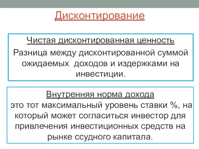 Дисконтирование Чистая дисконтированная ценность Разница между дисконтированной суммой ожидаемых доходов и издержками