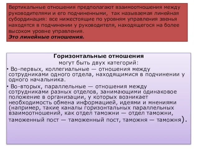 Вертикальные отношения предполагают взаимоотношения между руководителями и его подчиненными, так называемая линейная