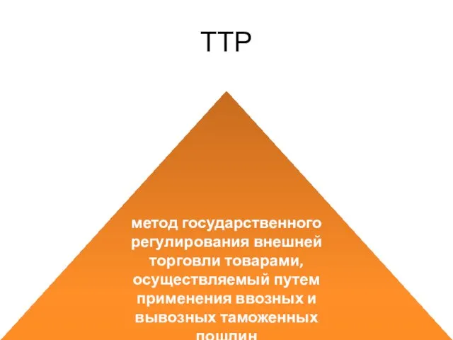 ТТР метод государственного регулирования внешней торговли товарами, осуществляемый путем применения ввозных и вывозных таможенных пошлин