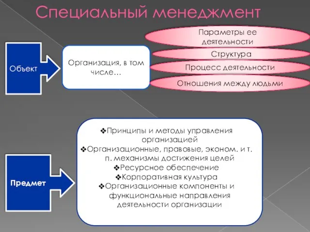 Специальный менеджмент Объект Предмет Организация, в том числе… Параметры ее деятельности Структура